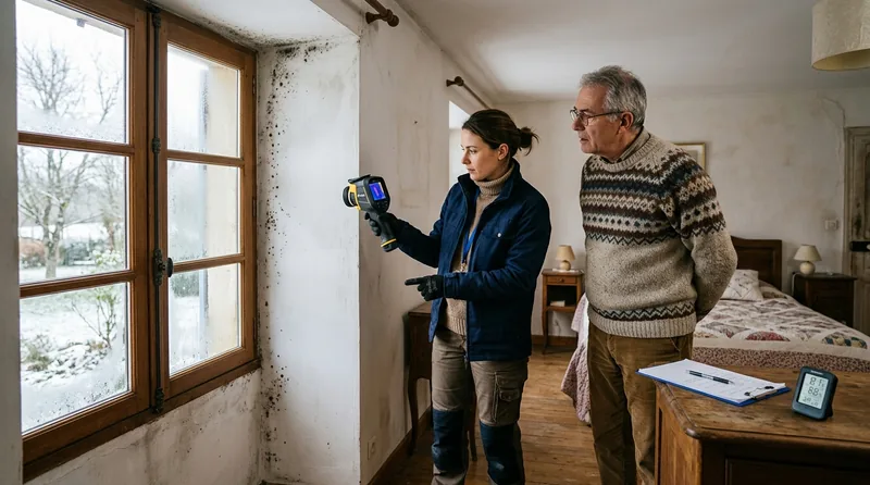 Spécialiste mesurant l'humidité d'un mur dans le Eure